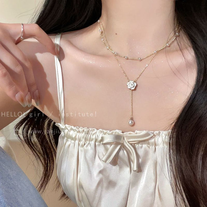 Wholesale Double layer pearl necklace for women, light luxury, high-end, niche design, neck chain, temperament, tassel collarbone chain