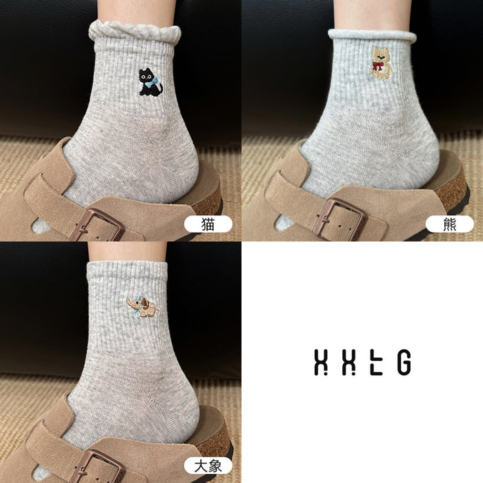 Wholesale Cotton socks, mid tube socks, cartoon embroidered lace socks, cute sports socks