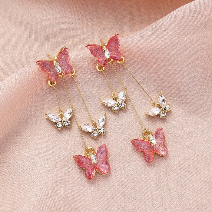 Wholesale Silver Needle Butterfly Earrings, Light Luxury, High Grade, Sparkling Diamond Long Earrings, Retro Style Earrings