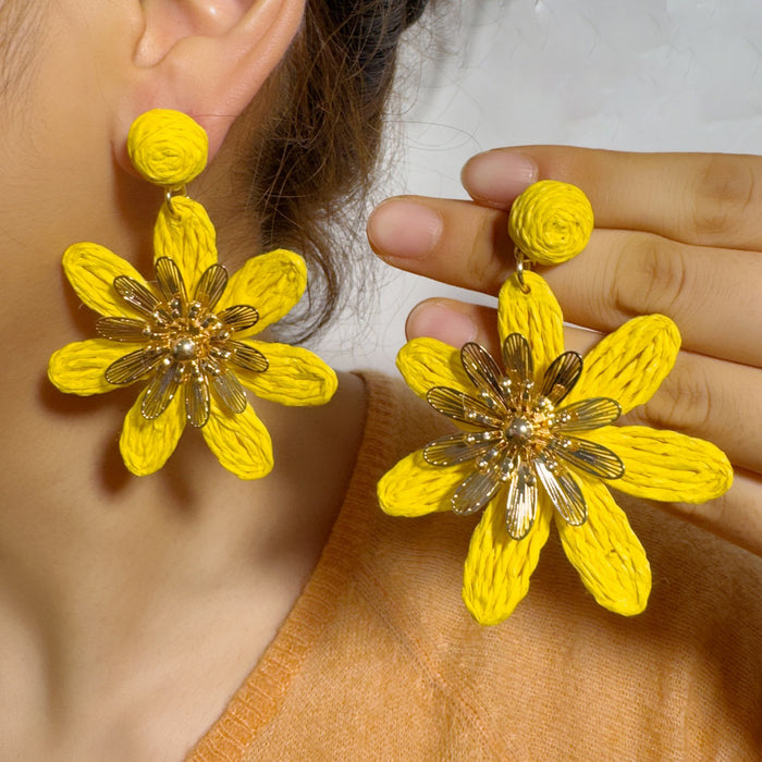 Wholesale Raffia Flower Earrings Summer Beach Style Fashion Accessory MOQ≥2