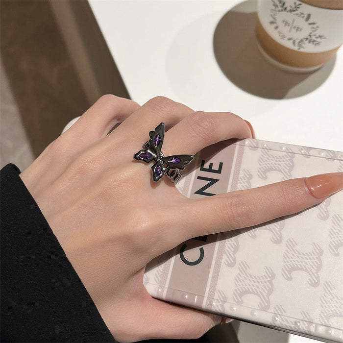 Wholesale Purple diamond black butterfly ring with unique and niche design, light luxury, open mouth, index finger, female