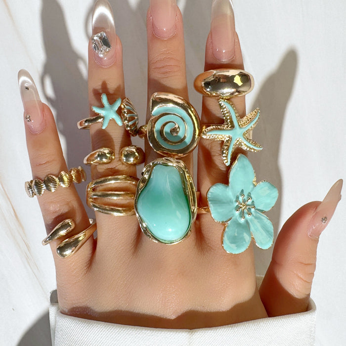 Wholesale Ocean Bohemian Ring Set with Pearl and Starfish Design Dripping Oil Finish Fashion Accessory MOQ≥5