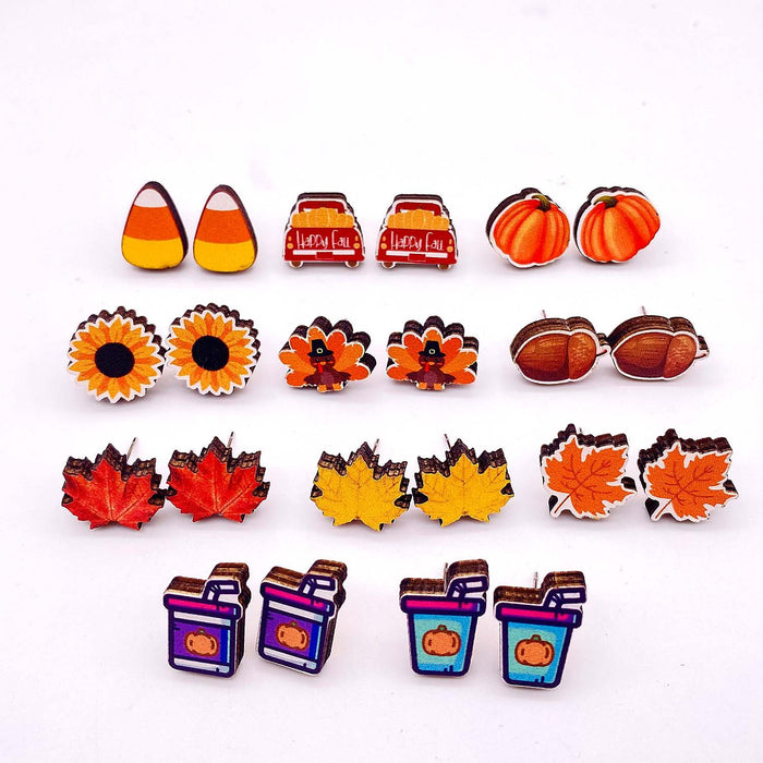 Wholesale Autumn Thanksgiving Earrings Maple Leaf Pumpkin Dwarf Wooden Earrings