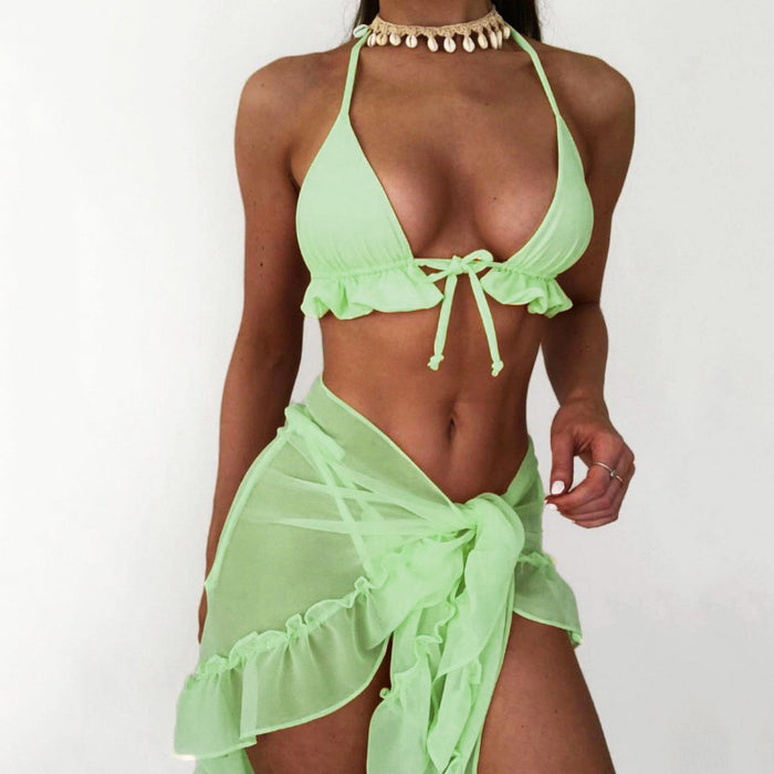 Wholesale New pleated lace up neck hanging mesh bikini solid color three piece set