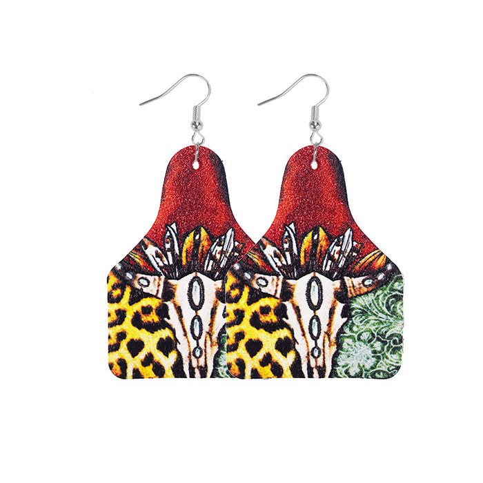 Wholesale Retro Western Cowboy Old Style Flower Bull Head Ethnic Style Print Women' s Leather Earrings