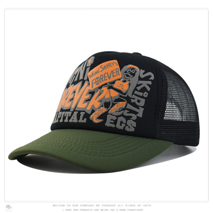Wholesale Hip-hop printed letter baseball cap visor color-blocked street mesh trucker hat