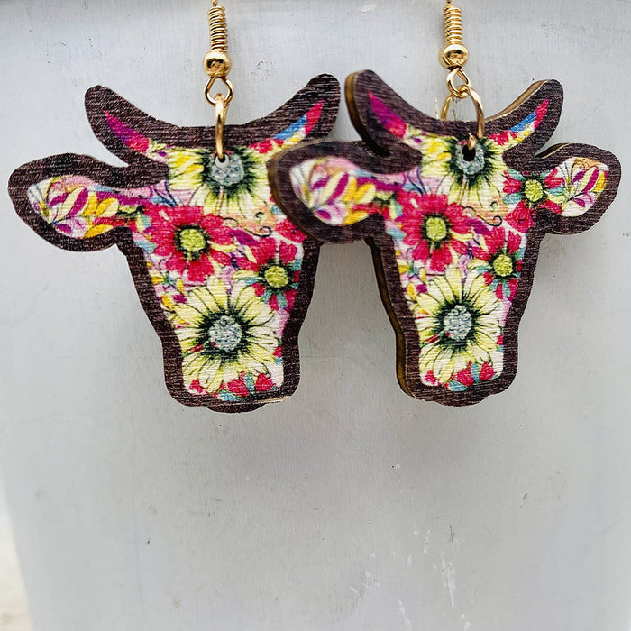 Wholesale Retro Wooden Earrings Western Denim Series Cowhead Sunflower Boho Earrings