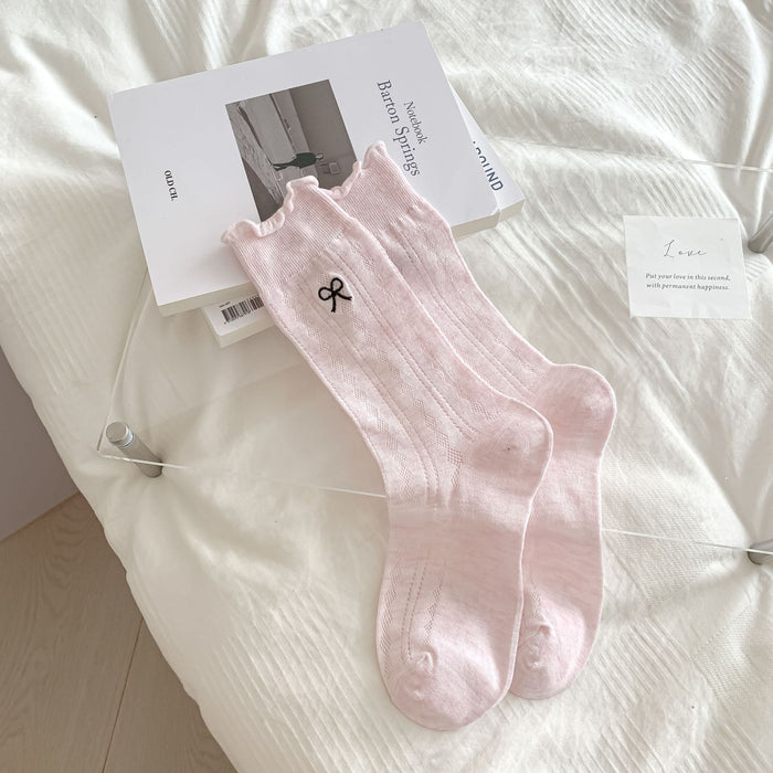 Wholesale Socks Embroidered Bow Middle Tube Hollow Stacked Long Tube Socks