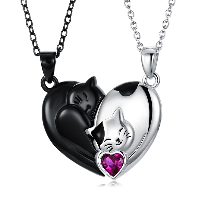 Wholesale Valentine' s Day Couple Patchwork Heart Black and White Cute Cat Necklace
