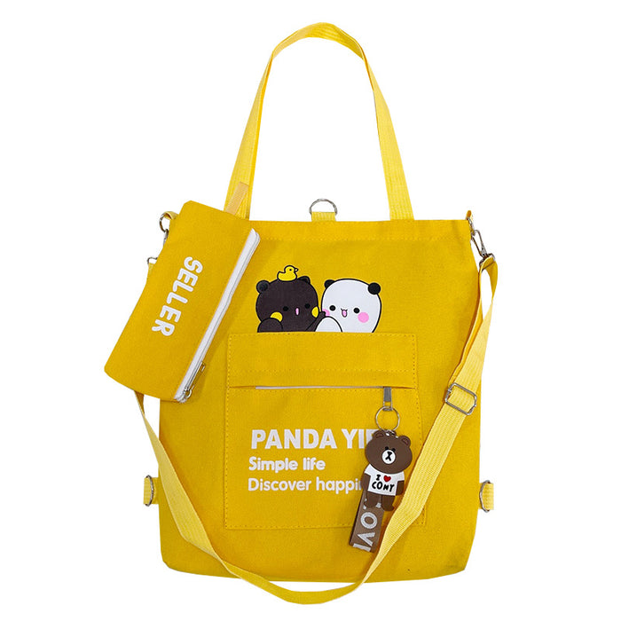 Wholesale Canvas Shoulder Bag Cartoon Bear Two-piece Student Double Back Canvas Bag Crossbody Large Capacity Tote Bag