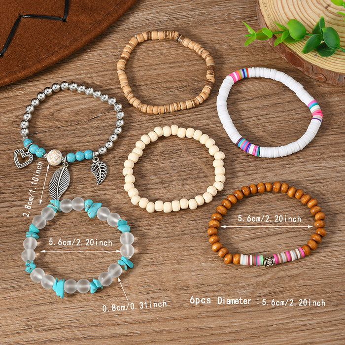 Wholesale Bohemian style colorful multi-layered wooden bead and nut shell six-piece set stretch clay bead bracelet