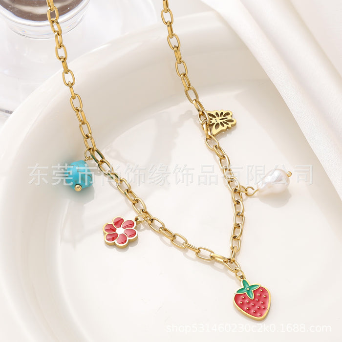 Wholesale Fashionable Retro New Blue Turquoise Colorful Petal Flower Accessories Drip Oil Hanging Titanium Steel Pendant Necklace