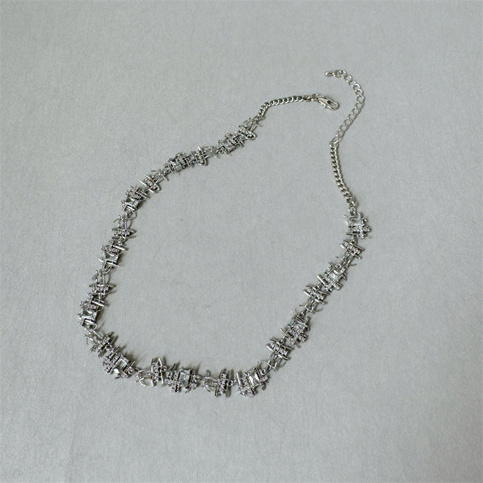 Wholesale Vintage woven zircon necklace earrings with irregular design for women, silver metal earrings, collarbone chain