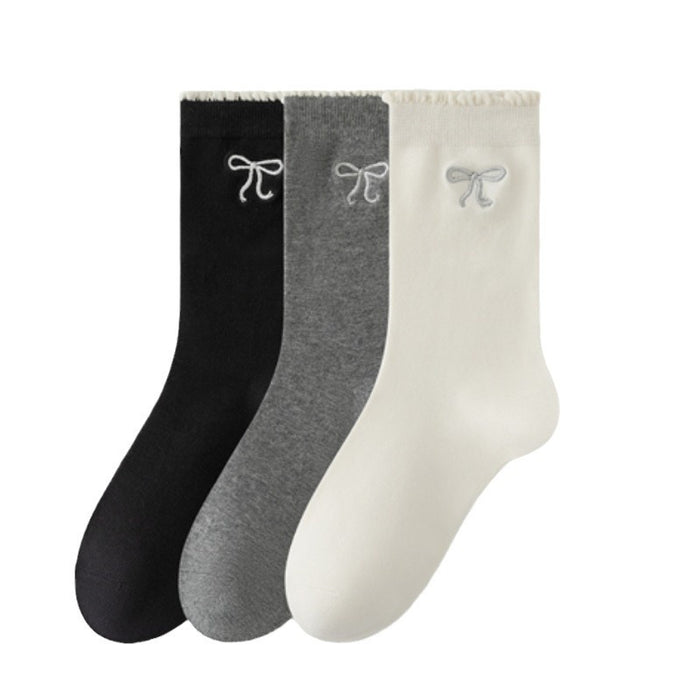 Wholesale Silver Embroidered Bow Lace Socks, Silver Silk Breathable Cotton Socks, Middle Socks, Black and White Grey Women's Socks