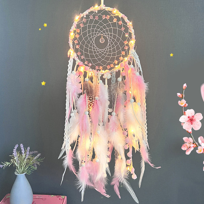 Wholesale Handmade Dream Catcher with Feathers and Glass Beads Pink Living Room Hanging Decor MOQ≥2