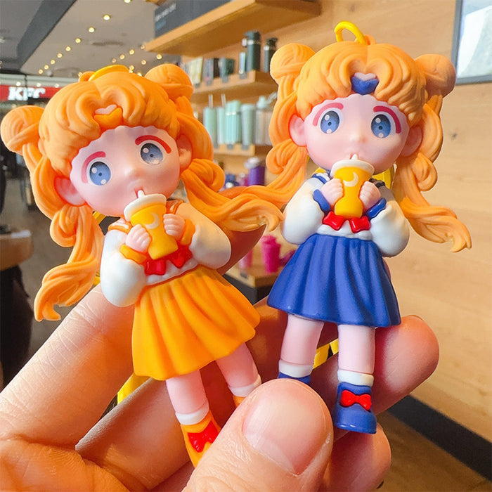 Wholesale Cute Cartoon Girl Drinking Milk Tea PVC Keychains