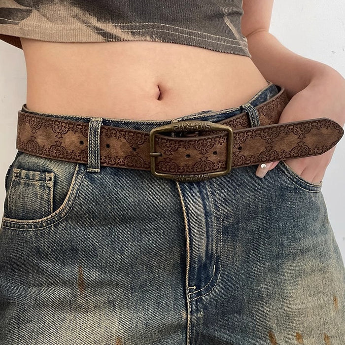 Wholesale Stylish PU Leather Embossed Retro Y2K Women S Belt Boho Chic Waist Accessory