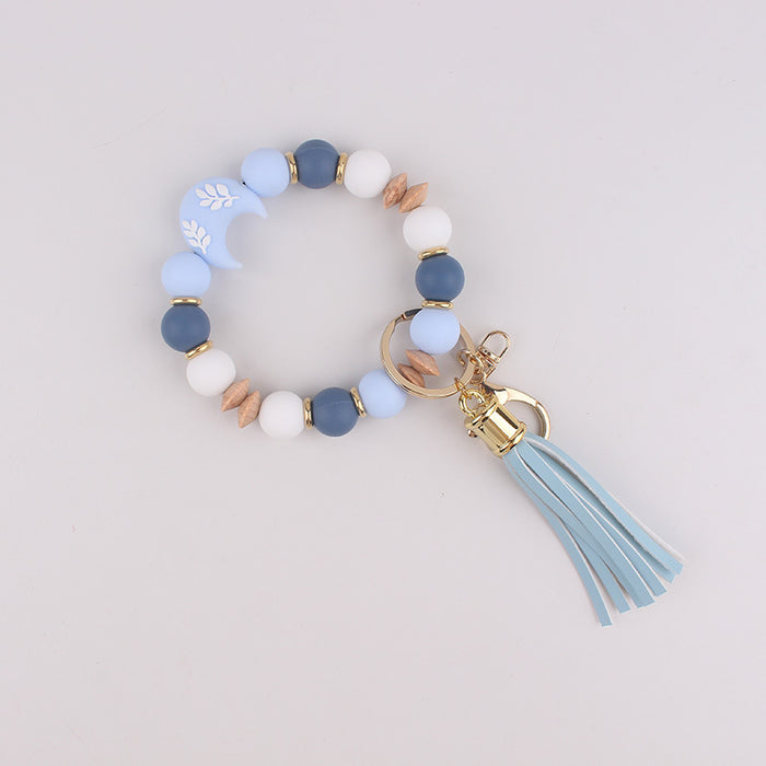 Wholesale Silicone moon beads bag key bracelet bracelet silicone beads beech wood beads tassel keychain