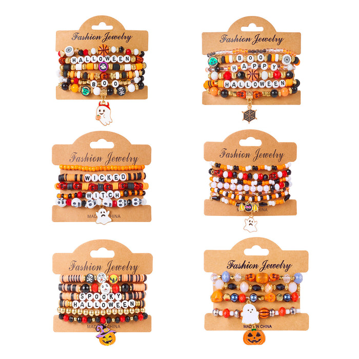 Wholesale All-match mixed color rice bead hand-dressed  pumpkin ghost bat soft ceramic crystal bracelet stacking set