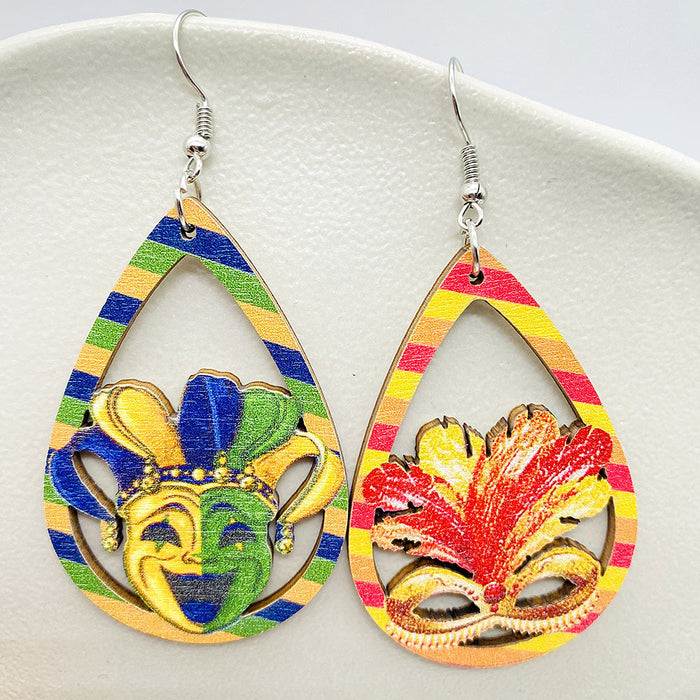 Wholesale Earrings Carnival Colored Festive Accessories Exaggerated Masks Water Droplets Hollow Wooden Earrings JDC-ES-YaChen008