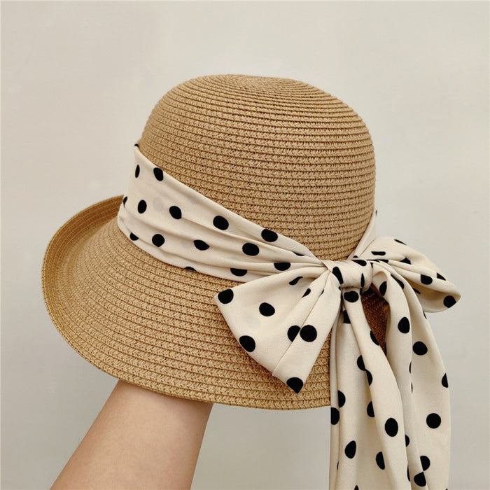 Wholesale Retro elegant polka dot bow sun hat, straw hat, sun protection basin hat