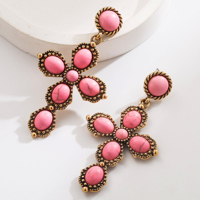 Wholesale Oval Statement Earrings with White Powder Turquoise Cross Inlay