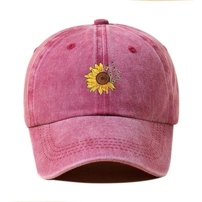 Wholesale Washed denim cotton baseball cap, casual versatile printed flower hat, sun shading duckbill cap