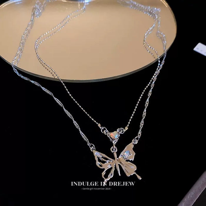 Wholesale Silver Butterfly necklace women's  double-layer stacked clavicle chain