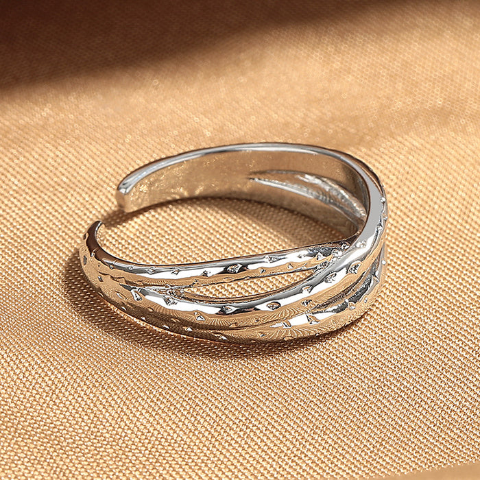 Wholesale New niche versatile open-end ring with fashionable and sparkling lines, staggered multi-layer winding, and crossed index finger ring