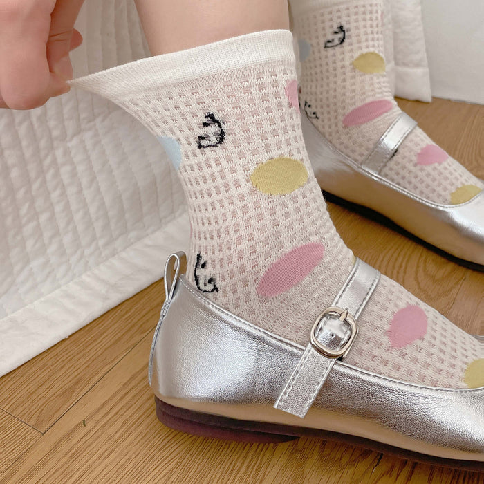 Wholesale Thin sweat absorbing milk white mid tube socks with mesh breathable lace stacking socks