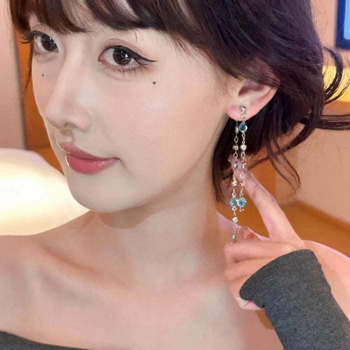 Wholesale Glacier blue crystal tassel earrings long style, light luxury and versatile design earrings