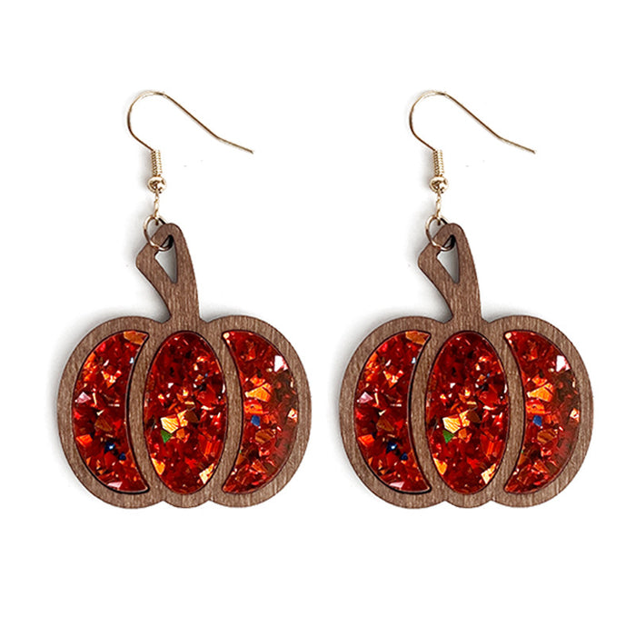 Wholesale  pumpkin wood texture inlaid acrylic glitter sequins Autumn earrings