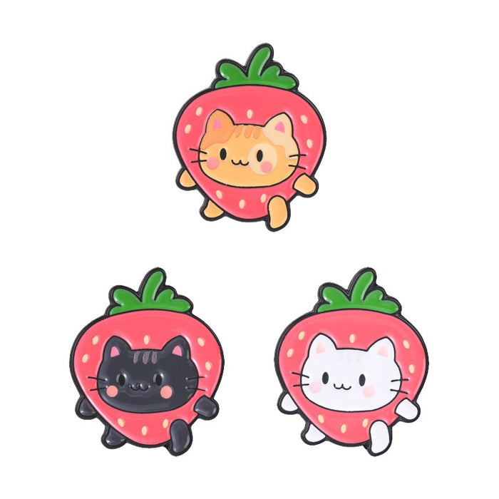 Wholesale Zinc Alloy Enamel Brooch Pin Three Color Cute Strawberry Cat Design For Backpack School Bag Stylish Jewelry Accessory