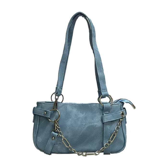 Wholesale Cowboy canvas PU motorcycle bag with round ring chain nylon shoulder bag, hand-held armpit women's bag