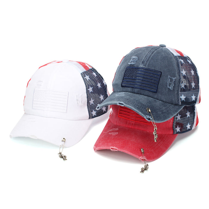 Wholesale Retro American Flag Trucker Cap with Cross Pendant,  Stylish Baseball Hat for Summer