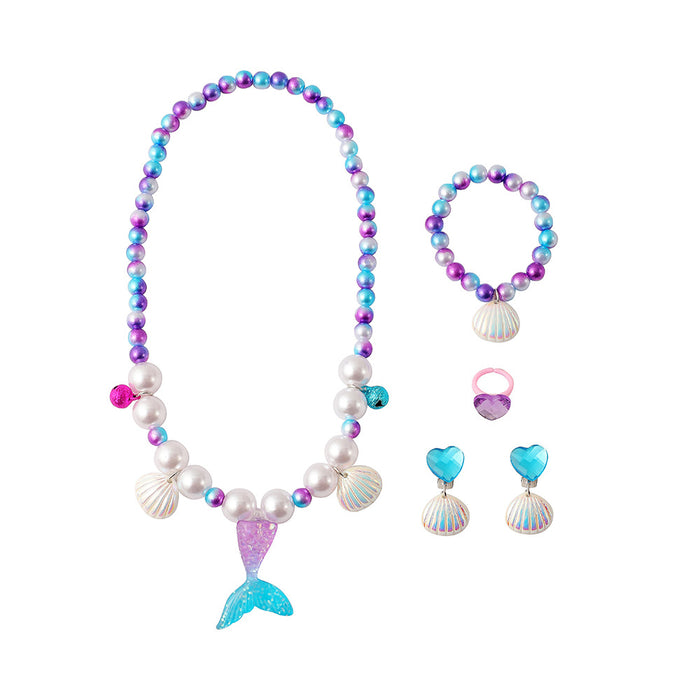 Wholesale Children' s new synthetic pearl jewelry set cute cartoon mermaid tail beaded necklace bracelet earring set