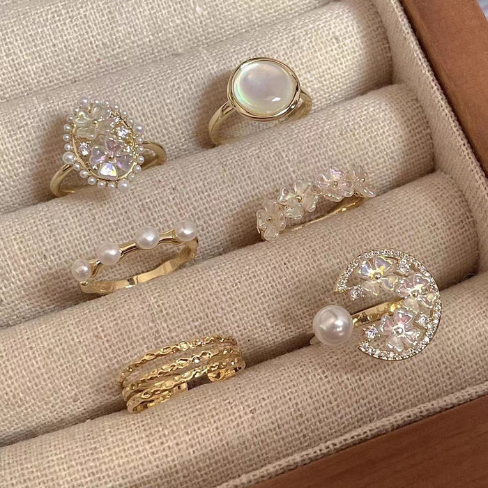 Wholesale Pearl flower open ring female exquisite diamond-embedded geometric ring