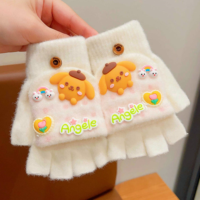 Wholesale Children' s Gloves Autumn and Winter Warm Cute Cartoon  Girls'  Half-Finger Flip Cover Baby Thickened Warm Five-Finger Set