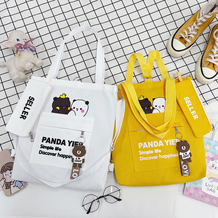 Wholesale Canvas Shoulder Bag Cartoon Bear Two-piece Student Double Back Canvas Bag Crossbody Large Capacity Tote Bag