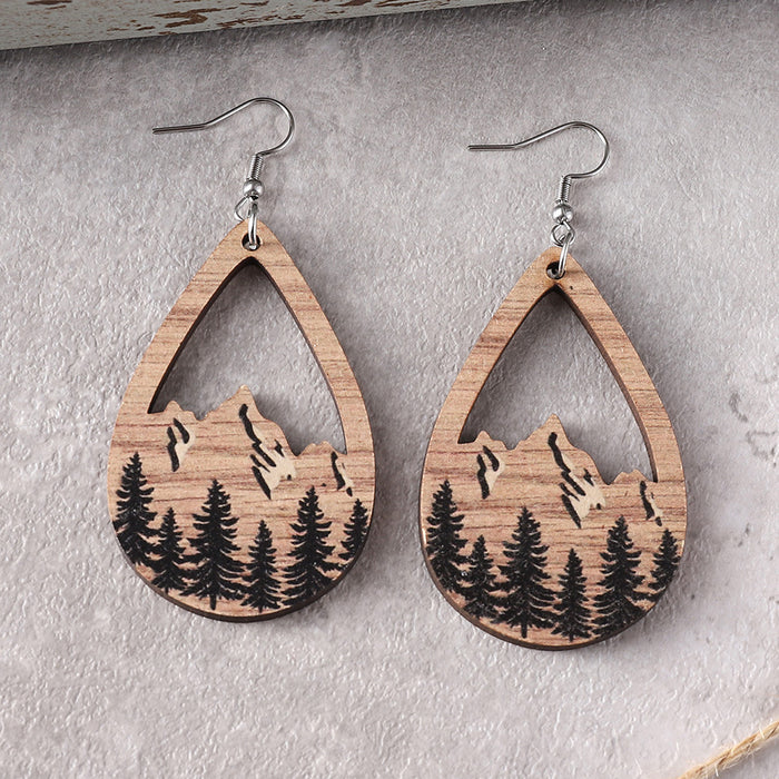 Wholesale Western style mountain pine wood water drop pendant earrings double-sided hollow ear jewelry party gift