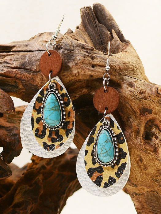 Wholesale Western Style Multi-layered Leopard Print Alloy Turquoise Earrings JDC-ES-ChenC009