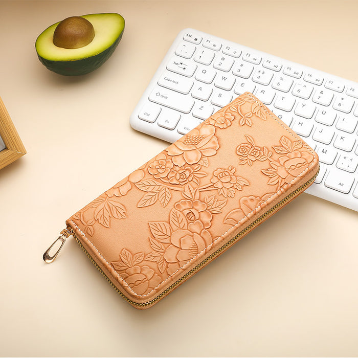 Wholesale Literary Floral Embossed Women' s Pu Wallet Light Blue Daily Matching Boutique MOQ:3