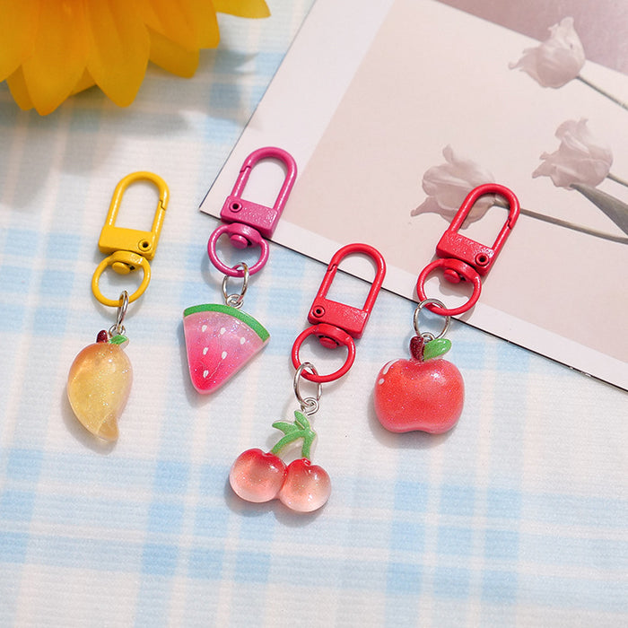 Wholesale Resin Fruit Keychain Trendy Pink Dragon Fruit Strawberry Key Ring Cute Backpack Pendant MOQ≥2