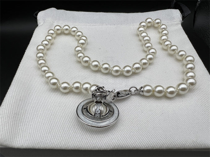 Wholesale Pearl Enamel 3D Saturn Pendant Long Necklace