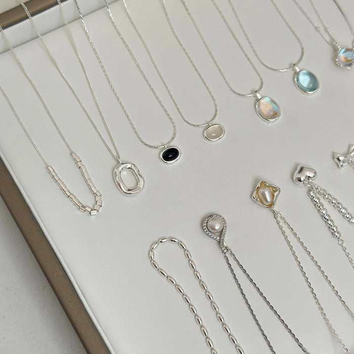 Wholesale Pure silver gemstone versatile necklace, geometric ellipse, high-end niche collarbone chain