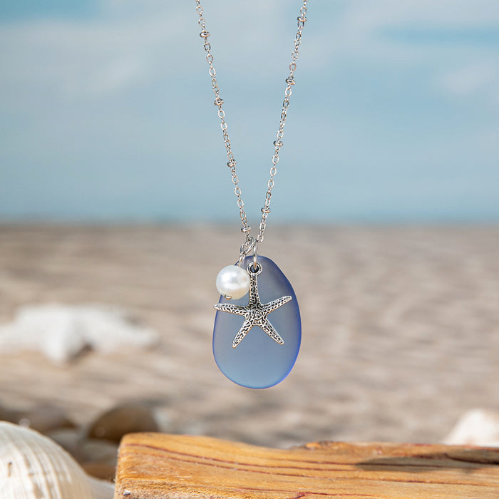 Wholesale Zinc alloy starfish and seashell pendant necklace with glass chain