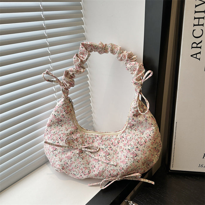 Wholesale Bowknot Floral Pleated Cloud Bag Women' s One-shoulder Underarm Bag Casual Crossbody Canvas Bag