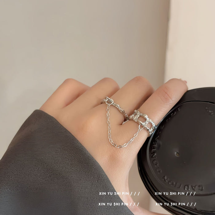 Wholesale Small niche design chain double finger open ring, simple and trendy texture ring