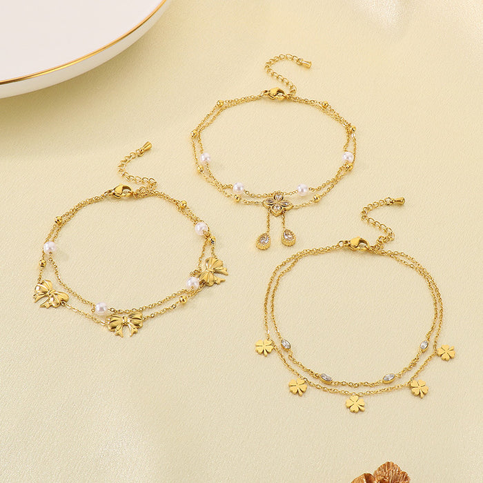 Wholesale Titanium Steel Pearl Bow Rhinestone Tassel Anklet Flower Number 7 Pendant Wedding Jewelry Accessory