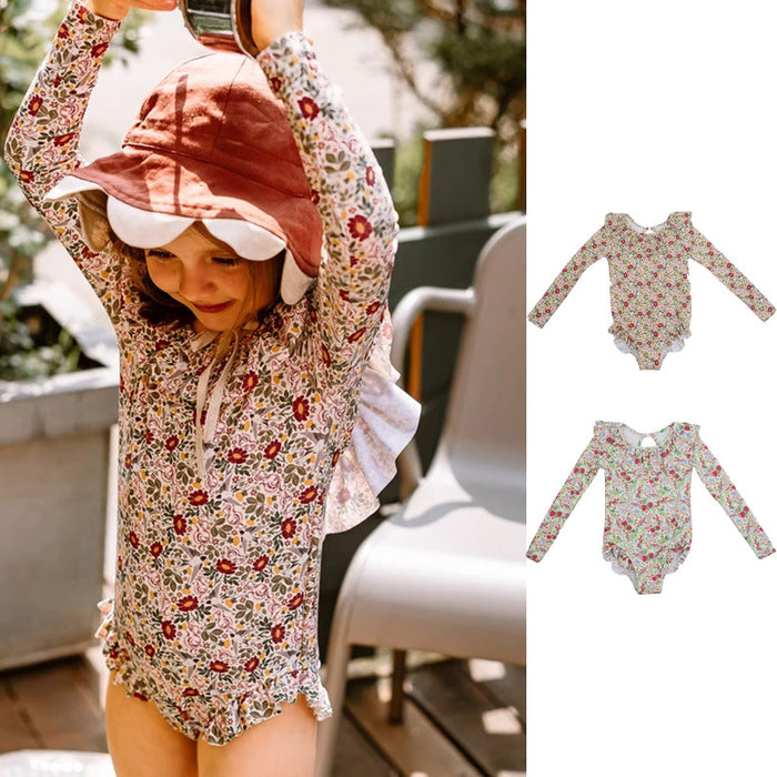 Wholesale Girls' swimsuit European style sun protection long sleeved quick drying printed children's swimsuit